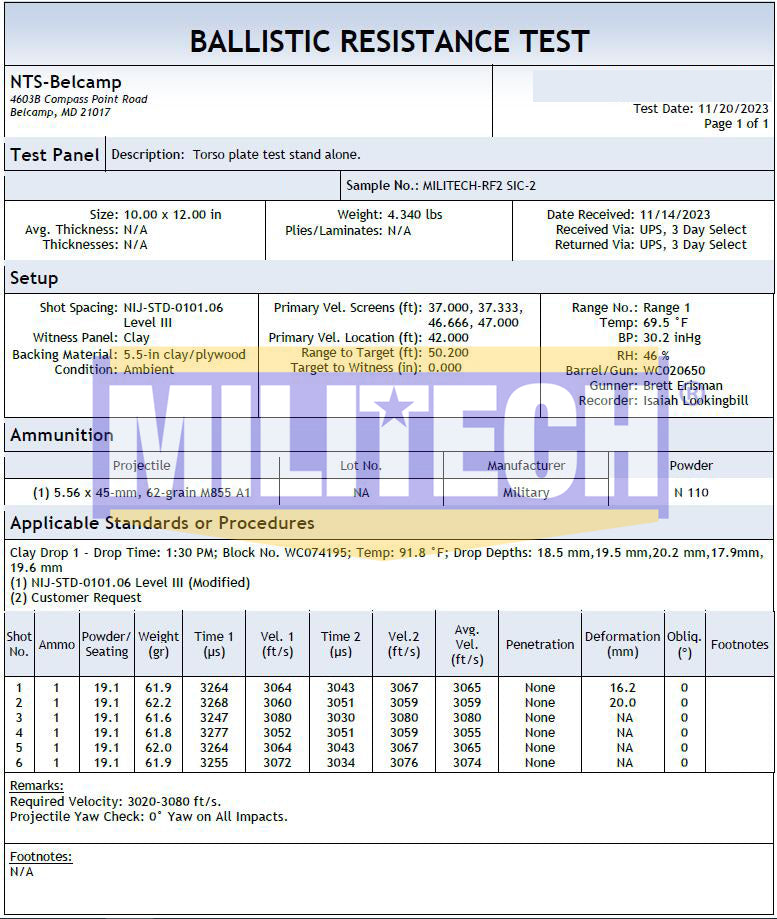 MILITECH® NIJ III++ 0101.06 / RF2 0101.07 Lightweight SIC Shooters